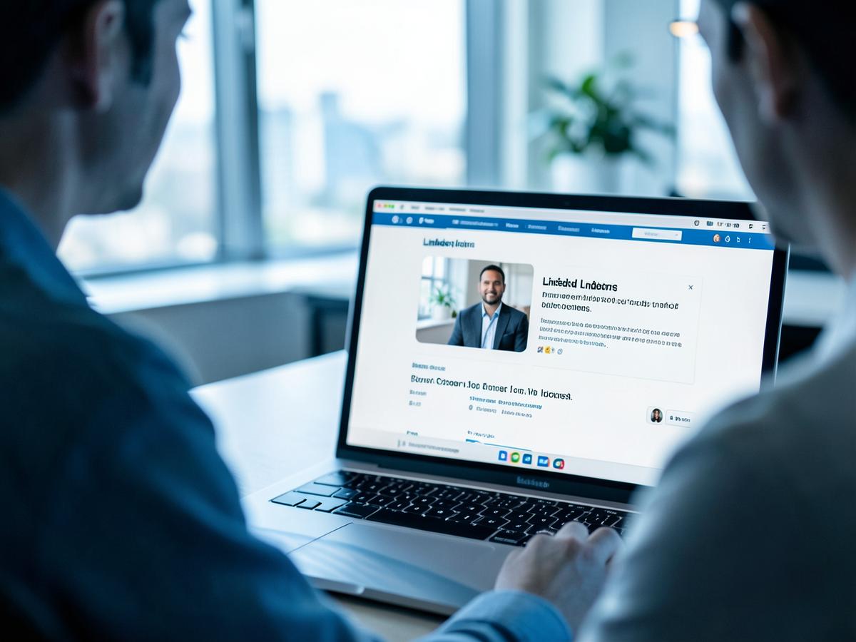 A LinkedIn profile being reviewed on a laptop